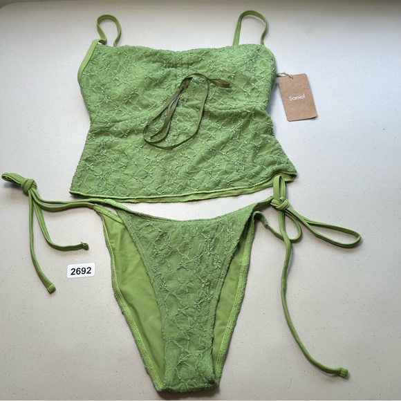 Samiol Tankini Large Green Lace Ruched Swimsuit New - Picture 2 of 10